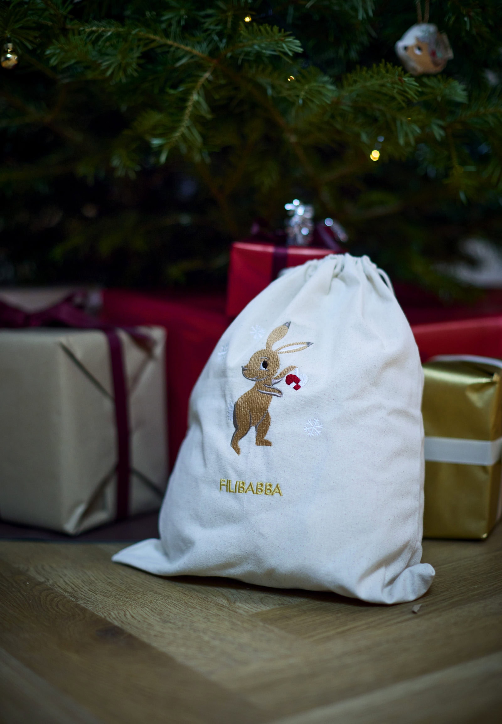 Embroidered gift bag GOTS - Wonderful Winter Mountain - Hare